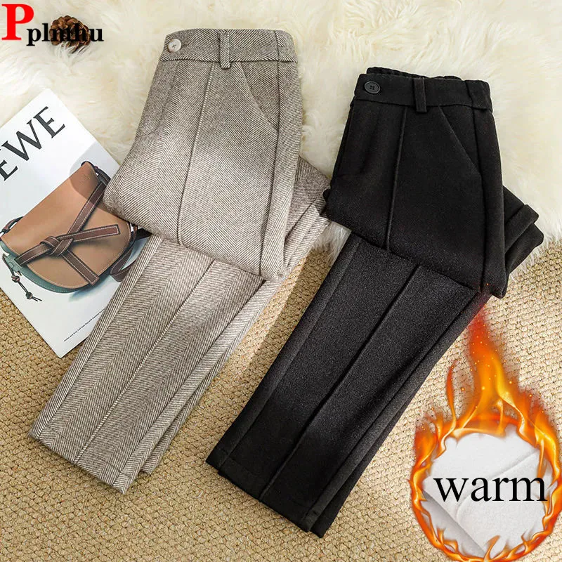 

Casual Woolen Thicken Harem Pants Women High Waist Velvet Lined Solid Wool Blend Pantalones Winter Warm Snow Wear Chic Calca New