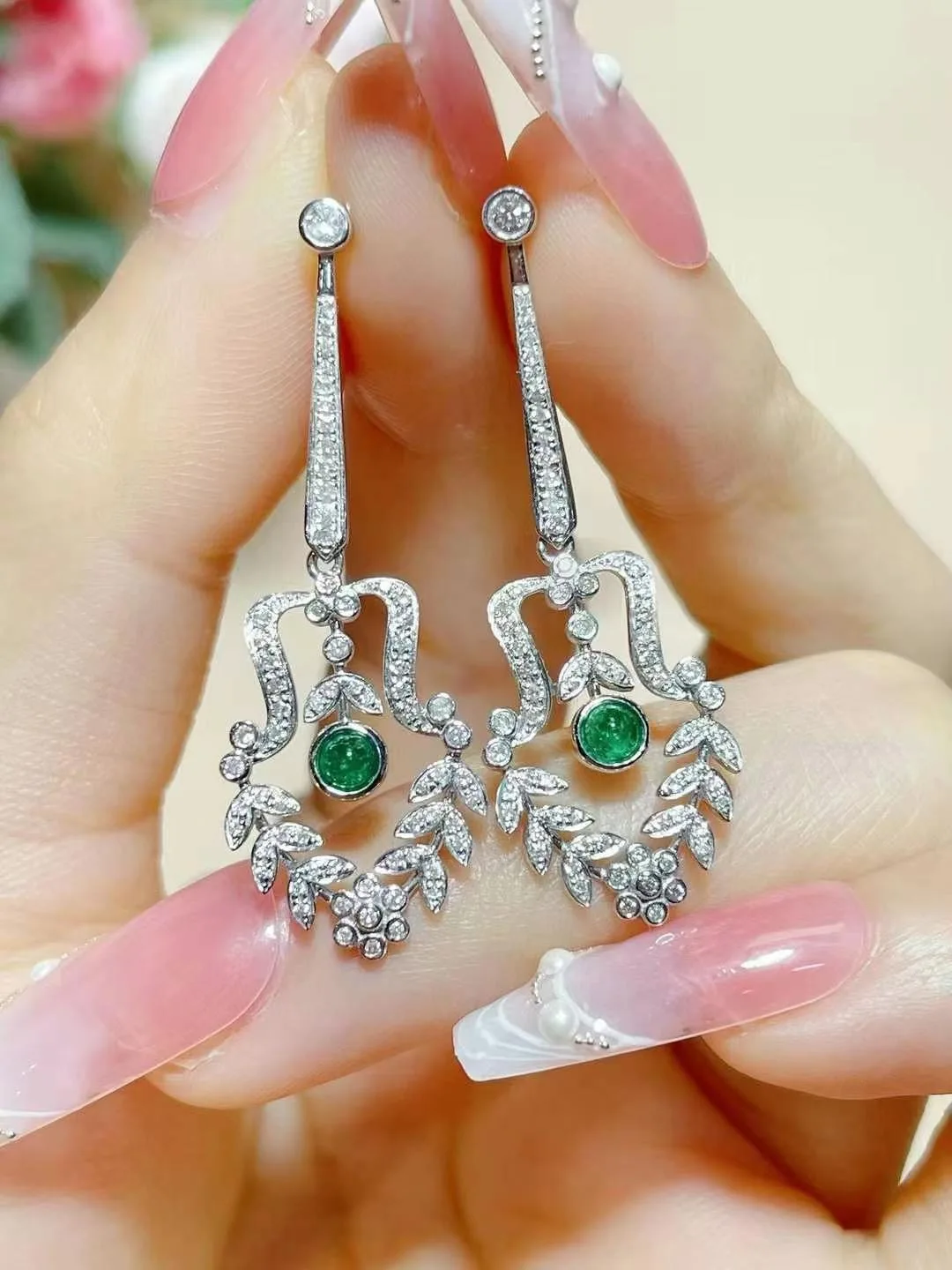 natural emerald and diamond drop earring long 18K white gold vintage genuine luxury jewelry fine women jewelry free shipping