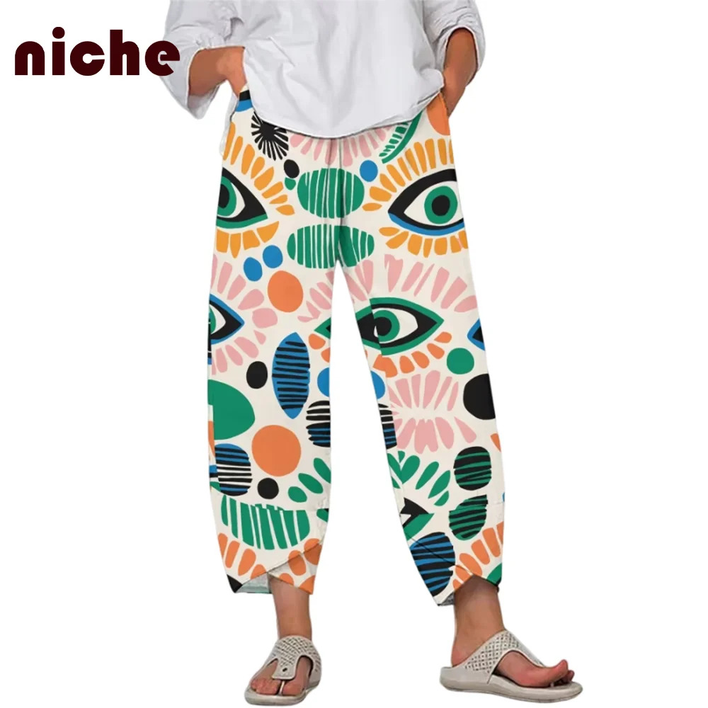 Ladies Beach Wide-Leg Pants Color Color Block Eye Graphic Printing High Quality Soft Comfortable Fabric New Nine-Point Pants