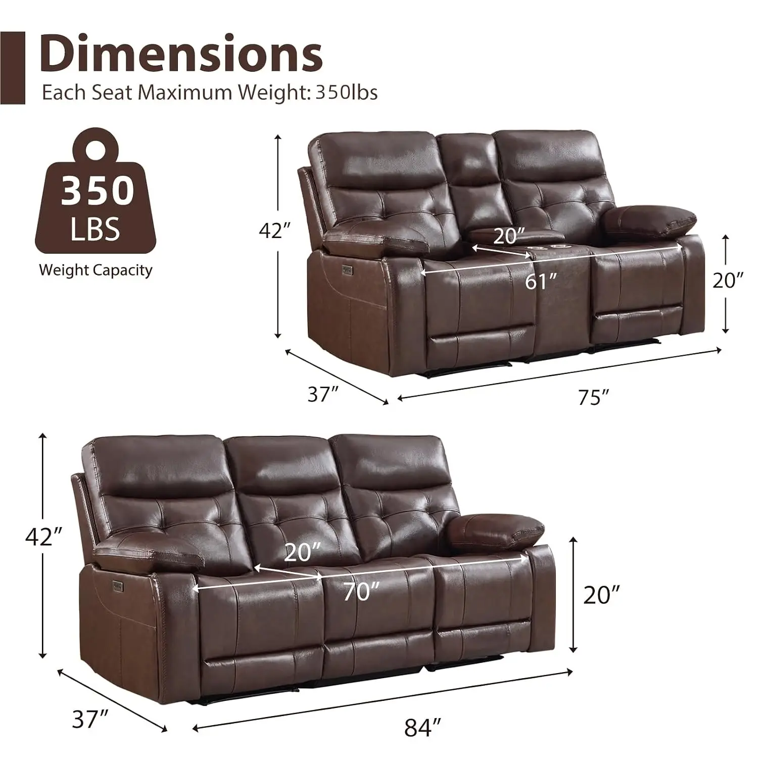 Genuine Leather Power Reclining Sofa Set Loveseat 2 Pieces with Storage Console USB Ports Cup Holders Living Room, Customized