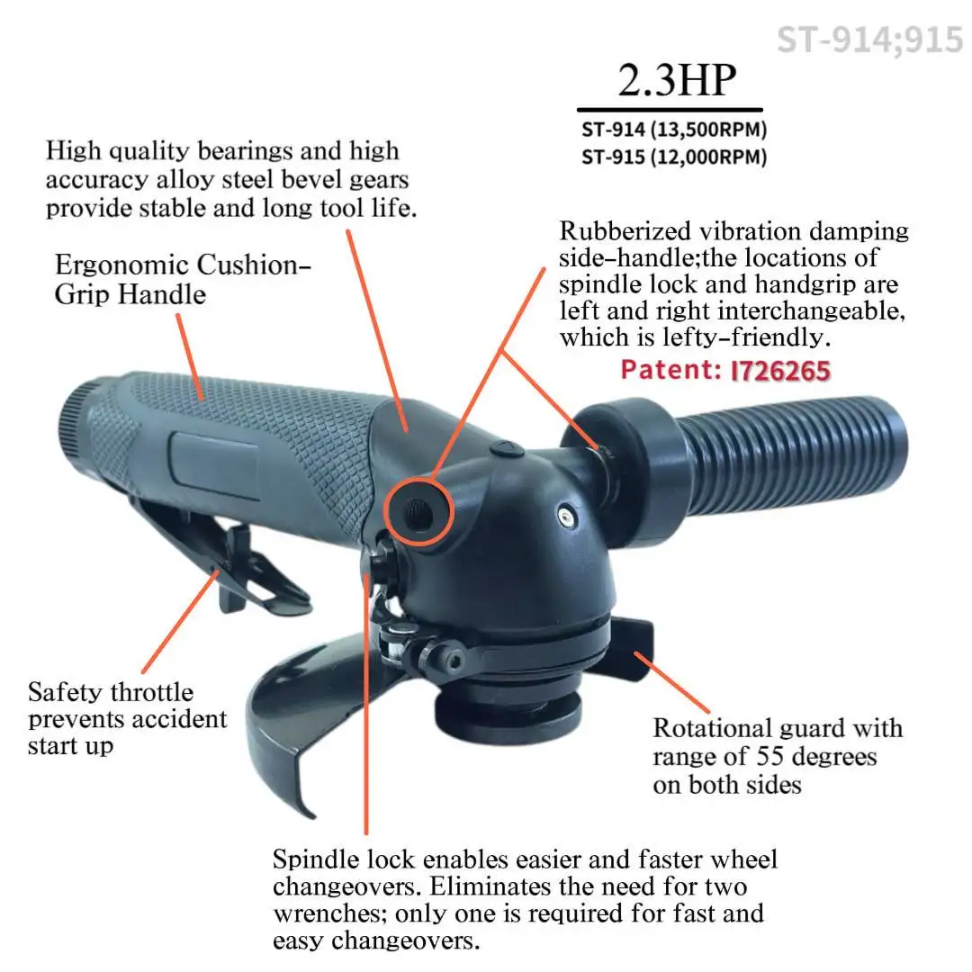 13500 rpm/12000 rpm Air Grinder Metal Grinding 2.3 HP Industrial Angle Grinder Pneumatic Pneumatic Tool ST-914