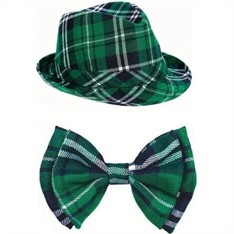 Conjuntos de sombreros de fieltro y pajarita a cuadros del Día de San Patricio, sombreros irlandeses verdes, accesorios de ropa de cosplay para fiesta para mujeres y hombres