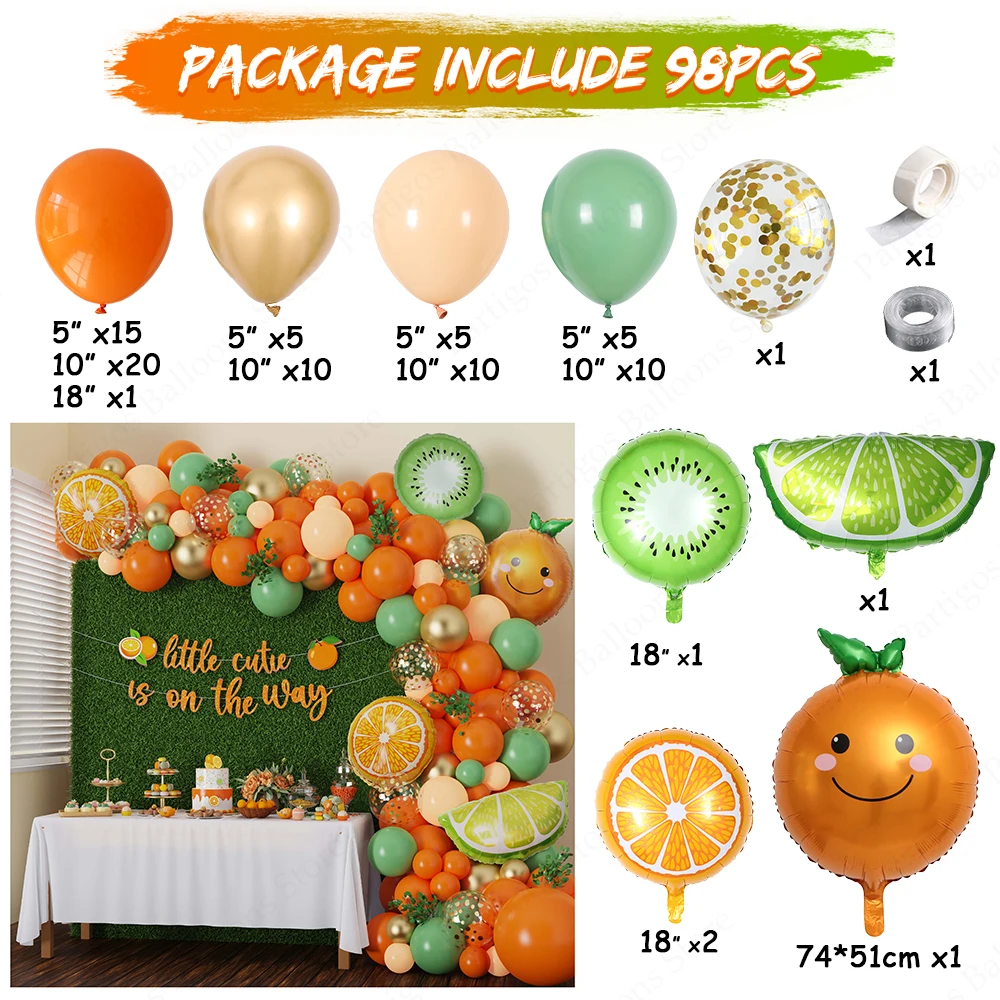 98pcs Orange Lemon Foil Balloon Galan Arch Kit Gold Sequin Balloon Fruit Decor Party Birthday Summer Wedding Baby Shower Supplie