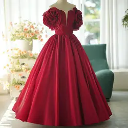 Sexy Deep V-neck Puffy Prom Dresses New Wine Red Quinceanera Dress Elegant Floor-length Simple Ball Gown Dress Customized