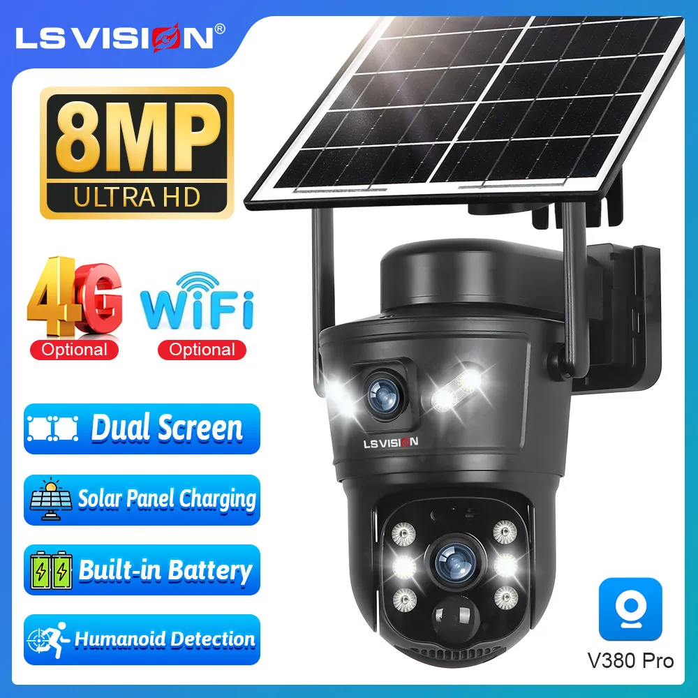 

LS VISION 8MP Dual Screens 4G Solar Camera Outdoor Dual Lens WiFi PTZ Two-Way Talk Human Auto Tracking Security Cameras V380 Pro