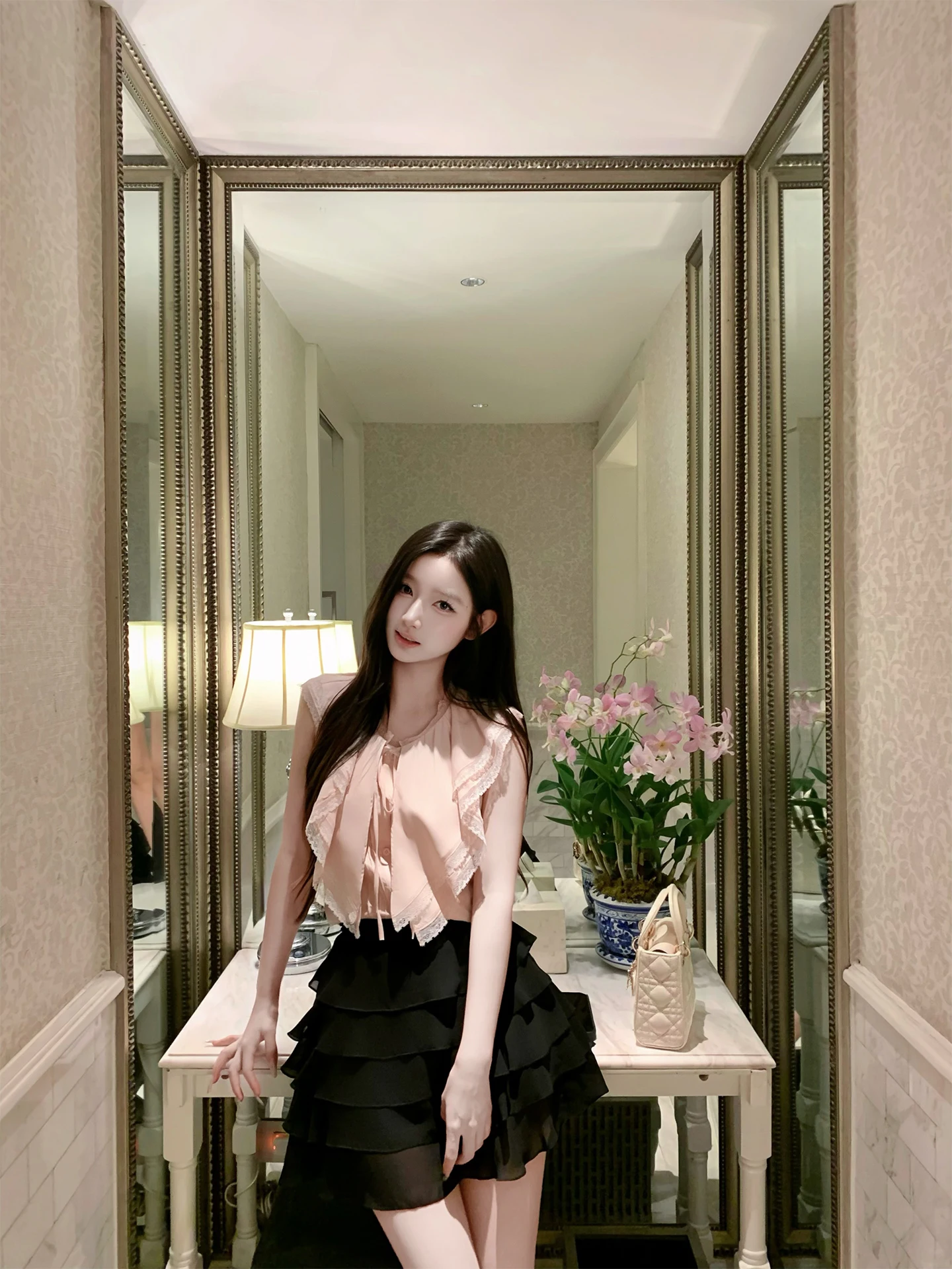 

Pink Lace Splice Svel irt Women's Gentle Tie French Sle Breathable ort Length Daily Wear Youth round Ne Top