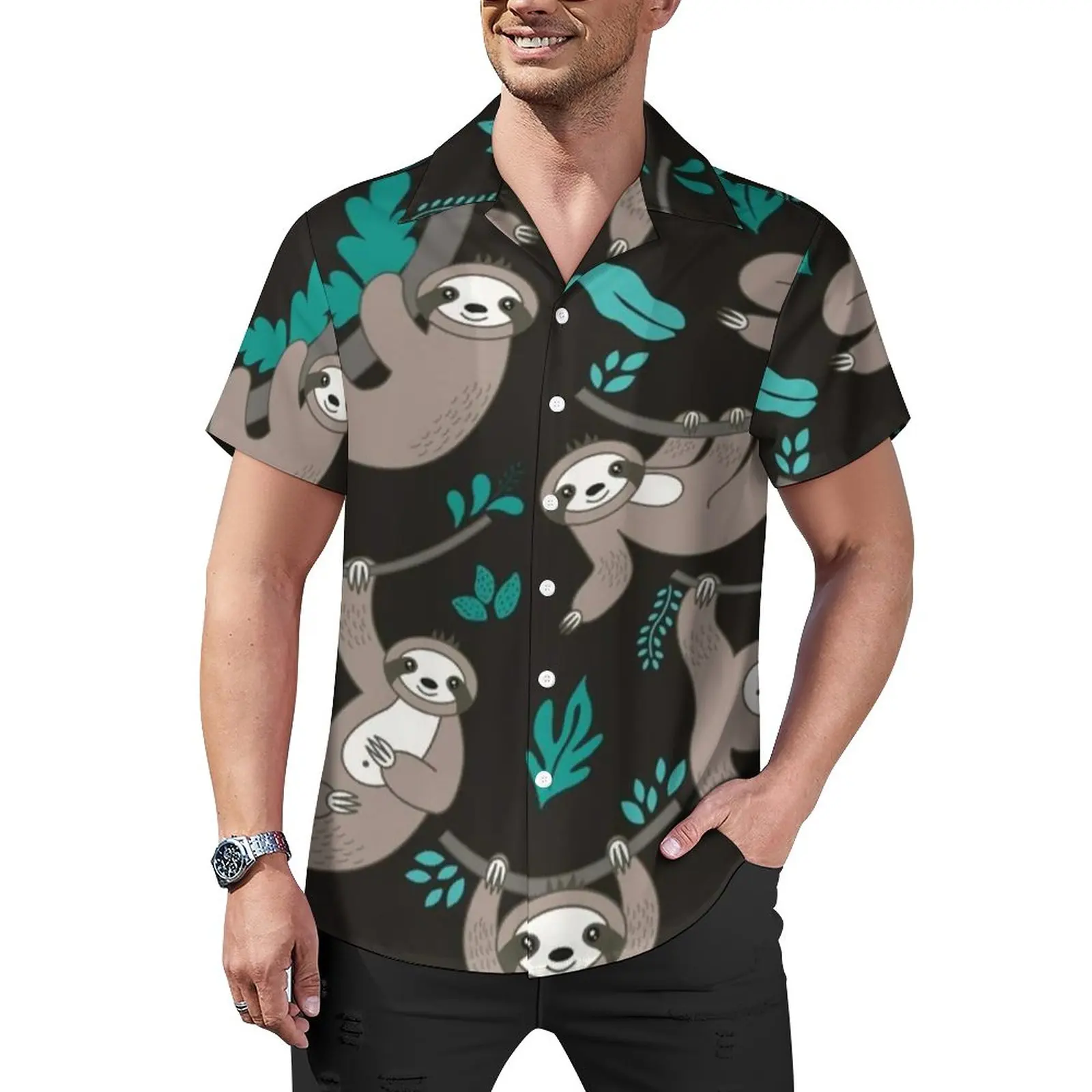 

Lazy Sloths Loose Shirt Men Beach Cartoon Sloth Print Casual Shirts Hawaii Graphic Short-Sleeved Fashion Oversized Blouses