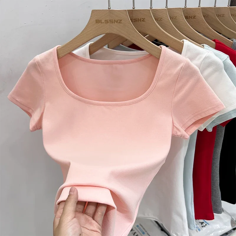 Zjaiss 夏無地スクエアカラー半袖 Tシャツ女性韓国ストリート Tシャツベーシック固体ヤングクールトップス 2025