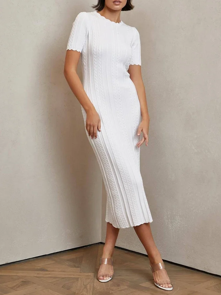 Leosoxs-Vestido longo de malha branco feminino, bodycon com decote em O, manga curta, casual, sexy, elegante, feriados, festa, verão, 2022