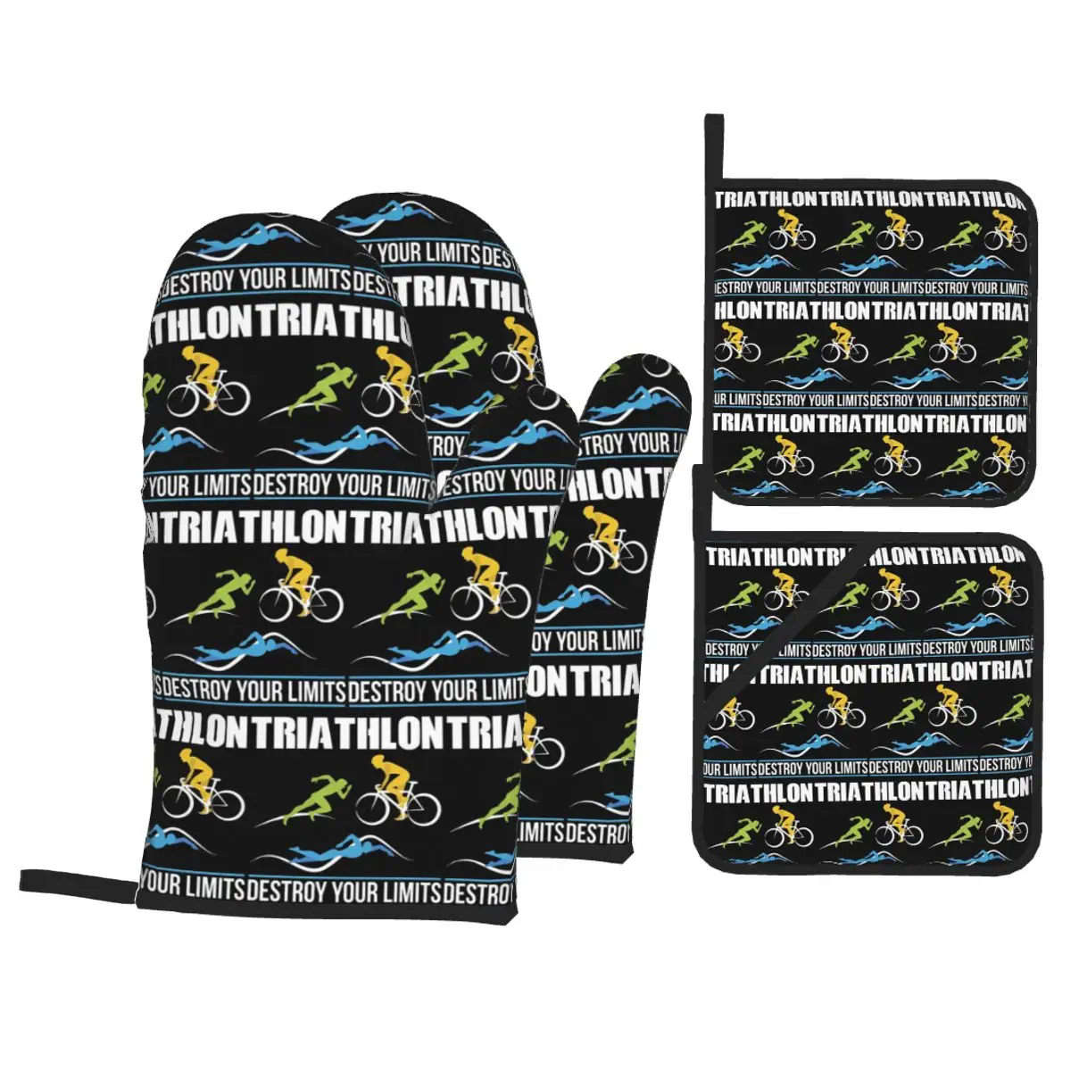 Triathlon Swimming Cycling Running Oven Mitts and Pot Holder Sets of 4 for Baking Cooking Grilling Resistant Non-Slip Gloves