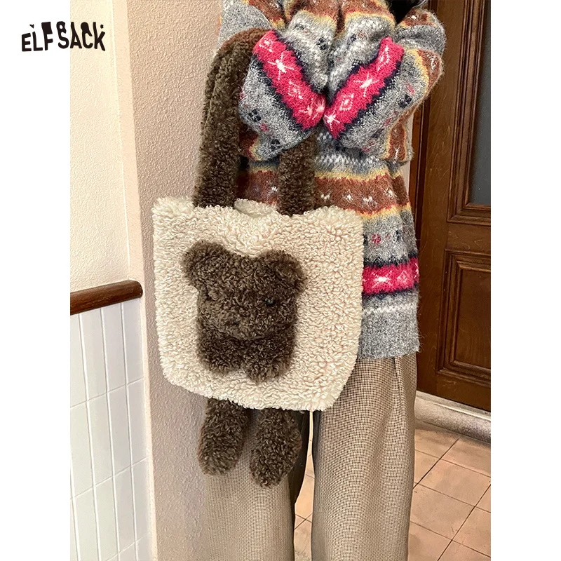 

ELFSACK Y2K Cute Lambswool 3D Bear Soft Warm Shoulder Bag For Women