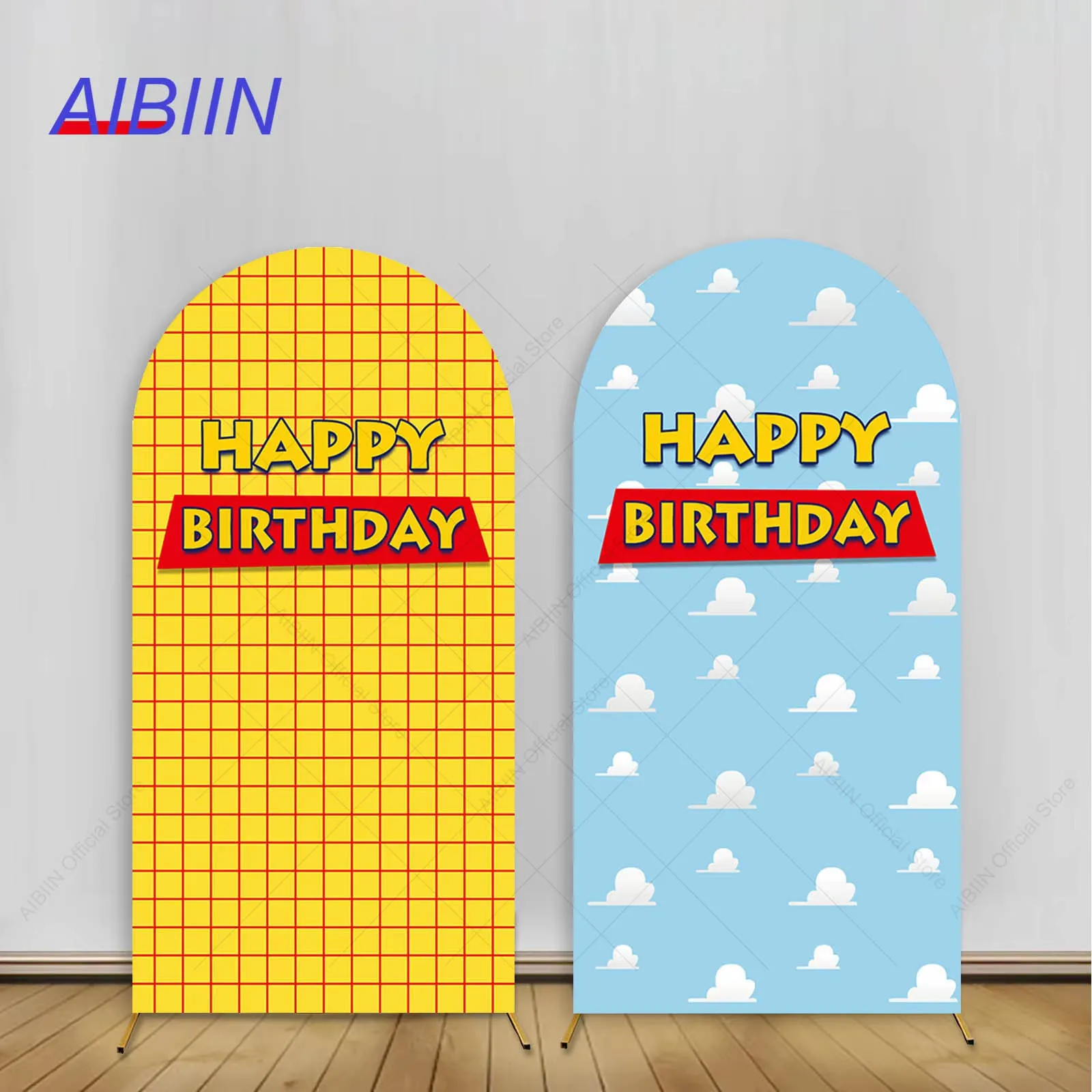 

Happy Birthday Arch Backdrop Cover Blue Sky White Cloud Boy 1st Cake Party Decor Yellow Check Red Stripe Photography Background