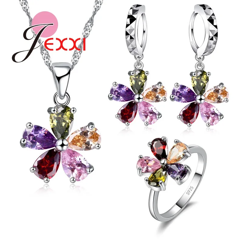 New Wedding Wholesale Austral Crystal Jewelry Sets Rhinestone Flower Pendants Necklaces Dangle Earring Ring for Women