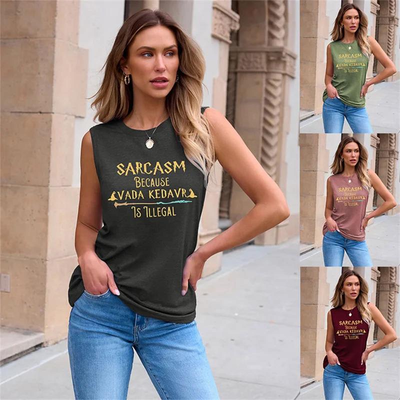 

New summer women's cotton sarcasm because vada kedavr is illegal letter printed fashion vintage crew neck tank top