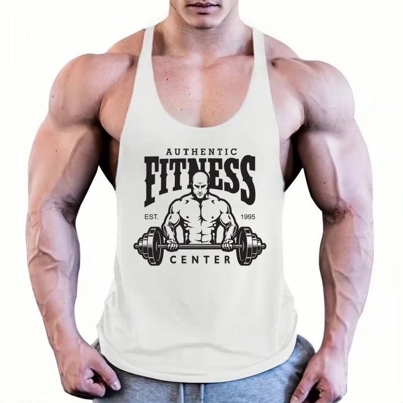 Men's Gym Stringer Vest - Authentic Fitness Print, Breathable Cotton, Y - Back Style, Ideal for Bodybuilding Workouts