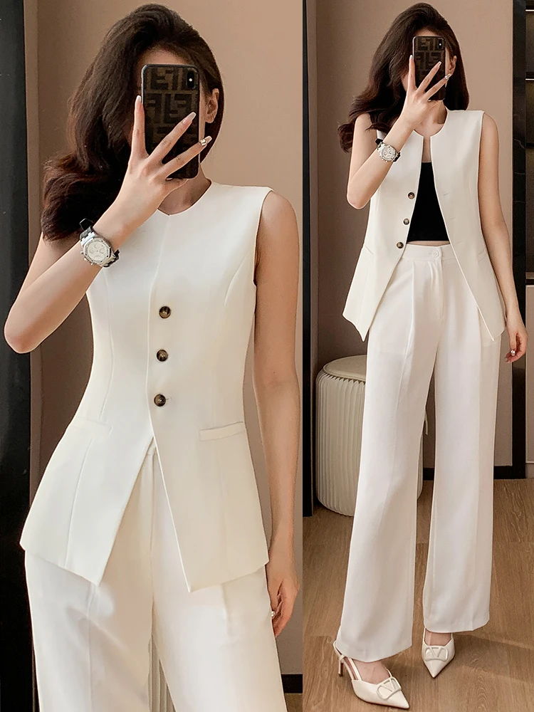 

White Sleeveless Vest Top Women's Summer Fashion Set High Quality Elegant Style 2026 New Professional Clothing Two-Piece Suit