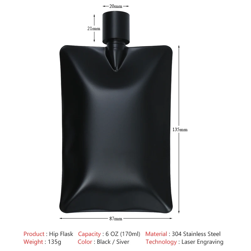 6oz 172ml 304 Stainless Steel Hip Flask Custom LOGO Black Whisky Vodka Flagon Alcohol Water Bottle Portable Drinkware Man Gift 2
