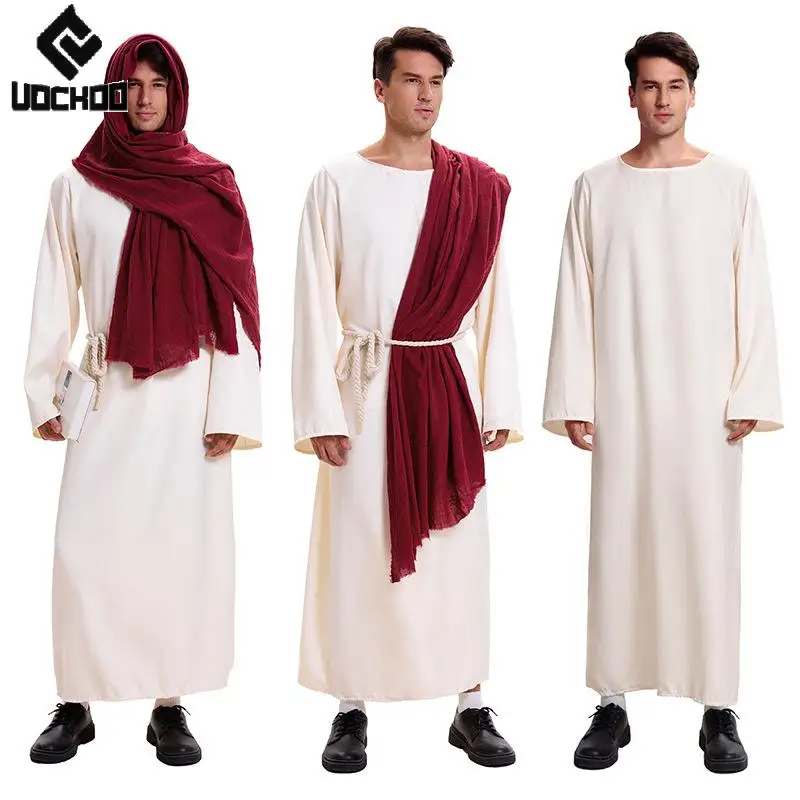 Costume de Cosplay arabe de carnaval pour hommes, Robe blanche de missionnaire, manches longues, résistant au sable, Vintage, Robe de fête de Festival