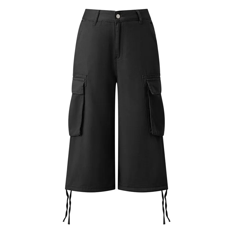 Women Y2K Cargo Bermuda Shorts Low Waist Drawstring Hem Loose Fit Multi Pocket Aesthetic Camouflage Denim Shorts Streetwear