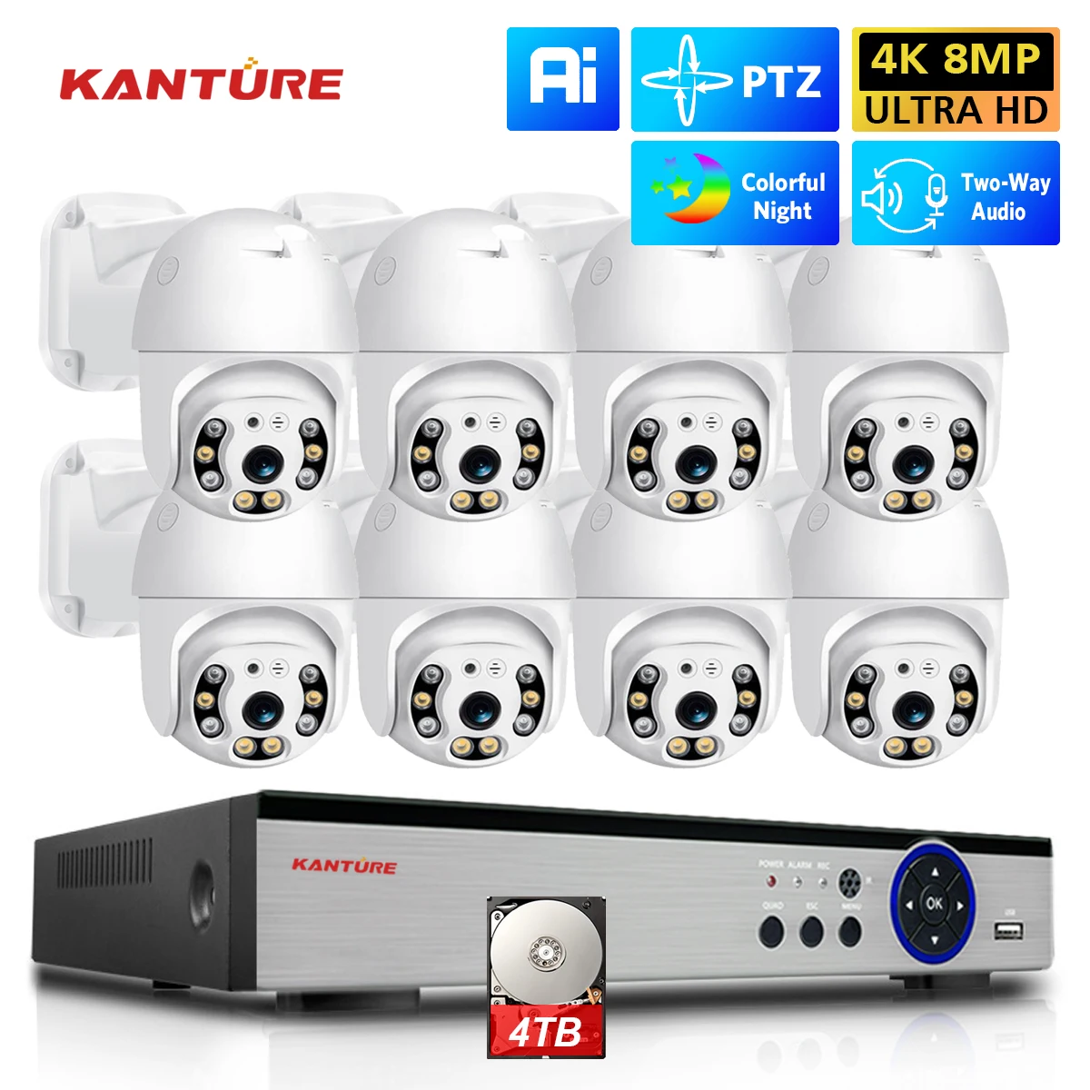 8CH 4K Poe Camera System H.265 8MP AI Human Detected 5MP Auto Tracking Ptz Camera Outdoor Two Way Audio Video Surveillance Kit