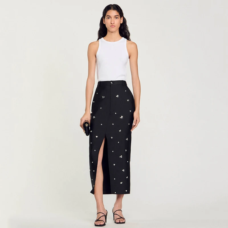 

Ele Long Skirt Semi-Body Diamond Decorated Polyester Fiber mid Waist H-ape Pure Color Autumn New Arrival Women's Dr