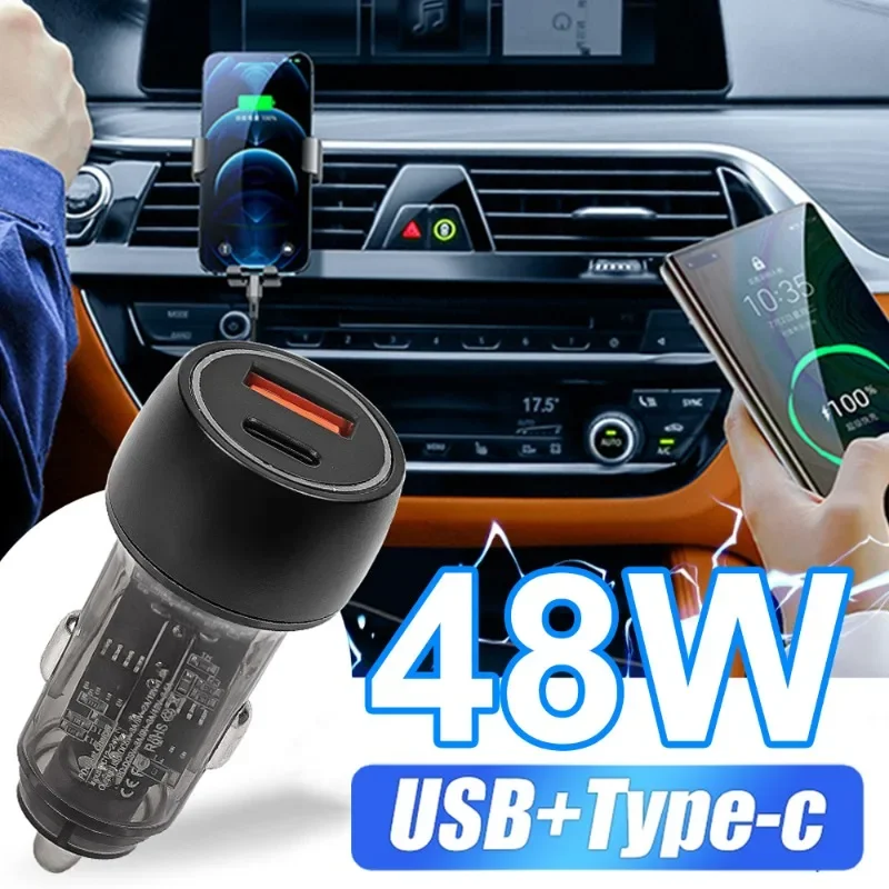 48W Car Charger Vehicle Fast Charging Power Adapter Accessories USB Type-C Super Fast Charging Transparent Black Car Charger