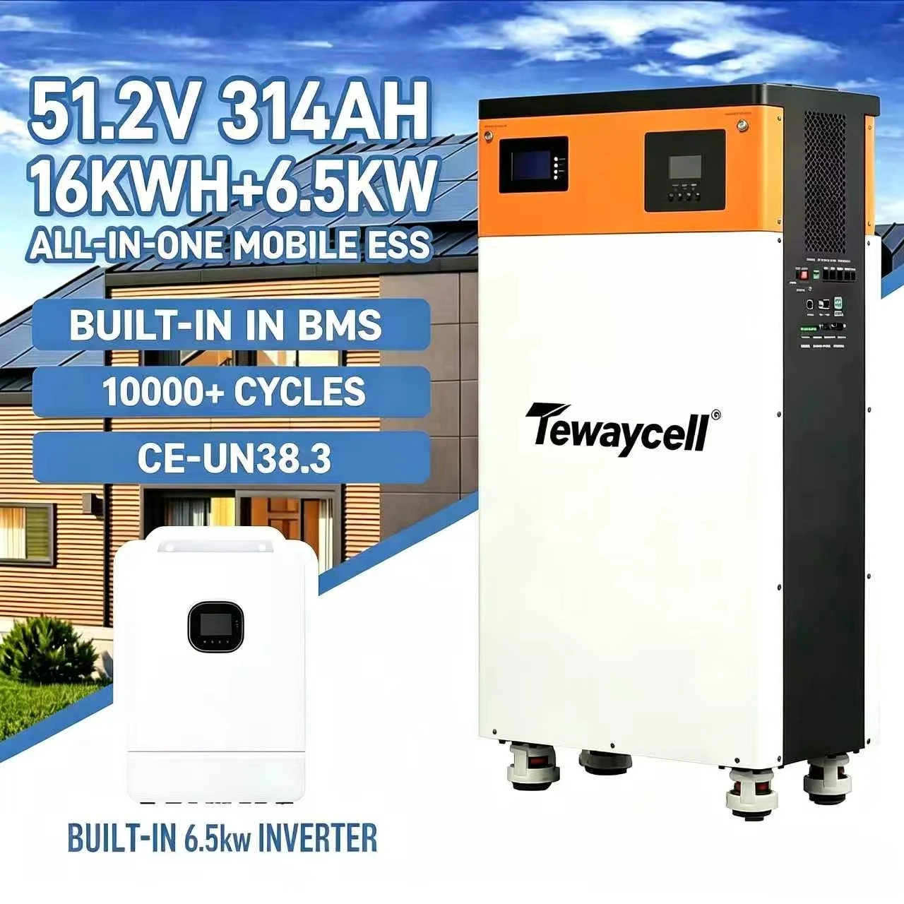EU US All in One 48V 51.2V 314Ah 16KWh Solar Lithium Battery Pack with 6.5KW Inverter Home Energy Storage+active Balancer+WiFi