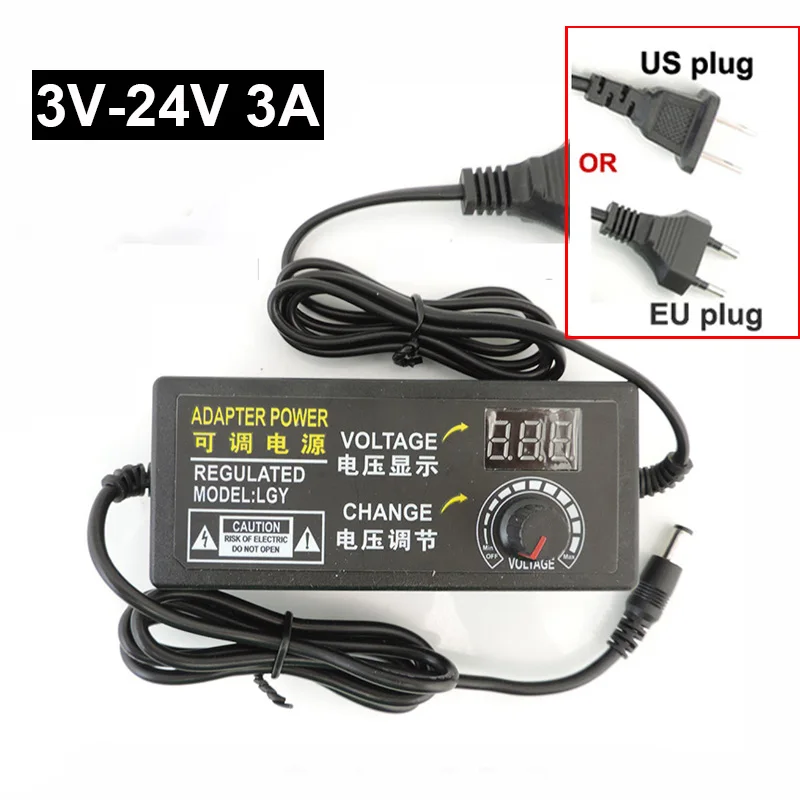 

5.5mm*2.5mm Adjustable Power Supply Adapter AC to DC 3V-24V 3A Universal Adatpor Display Screen Power Volt Switching Charger N6