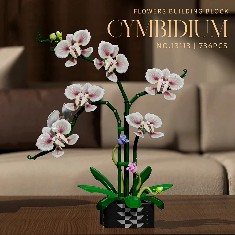 736 PCS Simulation Cymbidium Flower Building Blocks Set DIY Home Decoration Kit for Adults Girlfriends Valentine's Day Gifts