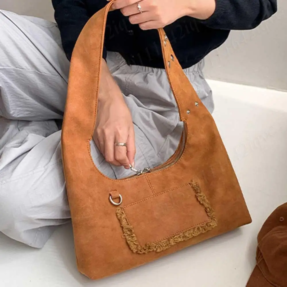 Women Suede Shoulder Bag Underarm Bag with Double Zipper Tote Bag Solid Adjustable Strap Handbag Clutch Purse for Work Travel