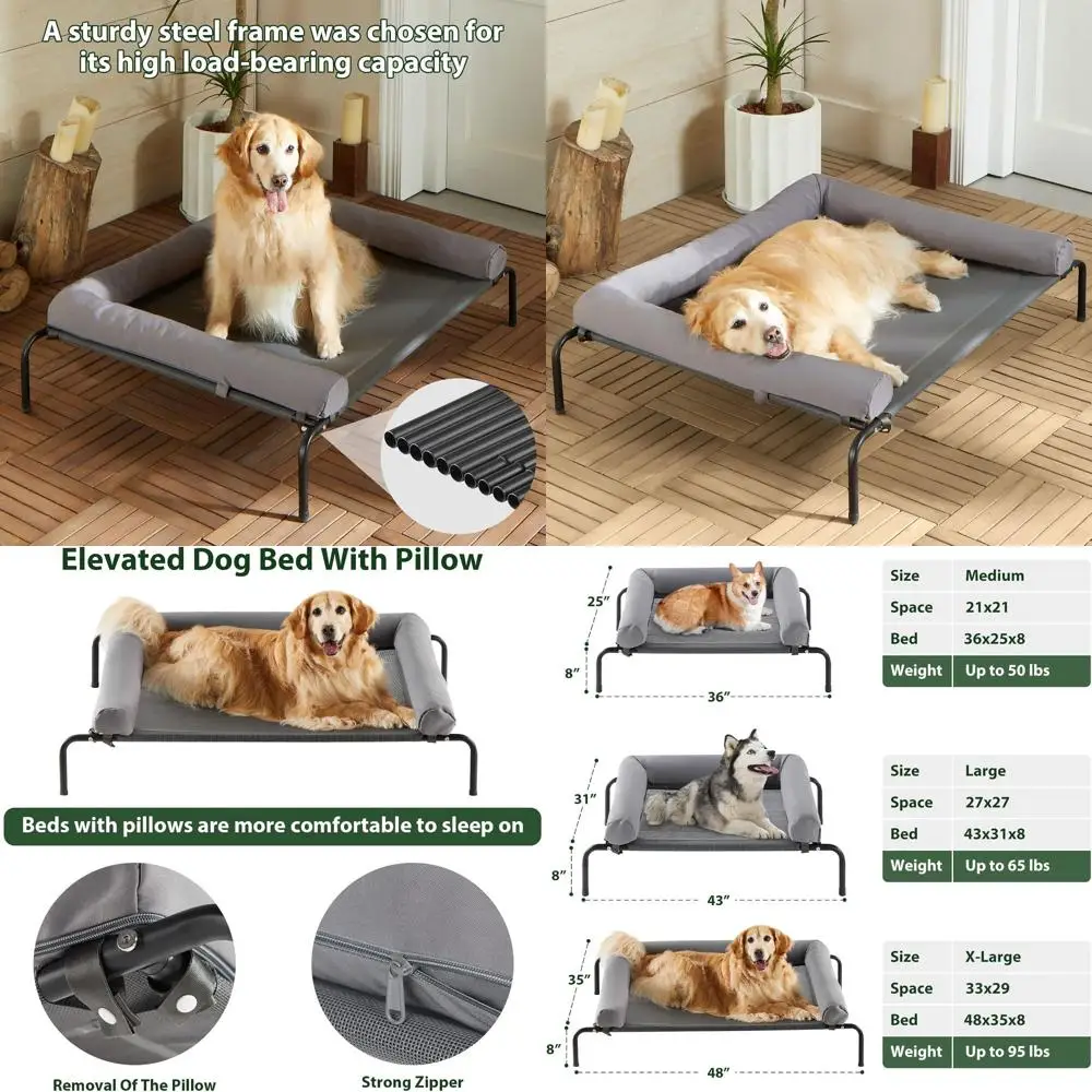 

Elevated Waterproof Dog Cot for Large Breeds - Grey, with Slope Headrest, Breathable Mesh, Durable & Portable for Indoor/Outdoor