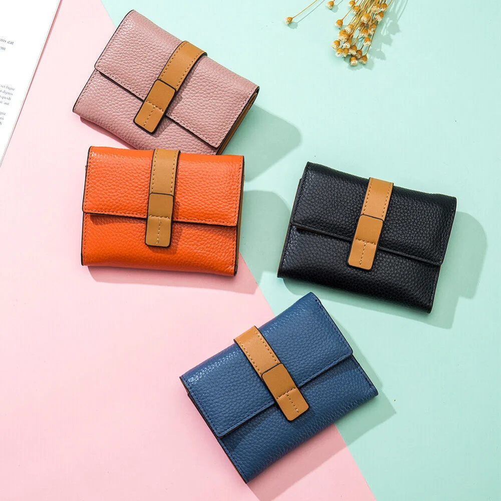 Kurze Damen-Geldbörse aus echtem Leder, modische Clutch-Geldbörse mit Kreditkartenhalter, Münzfach, dreifach faltbar, schlanke RFID-blockierende Geldbörse