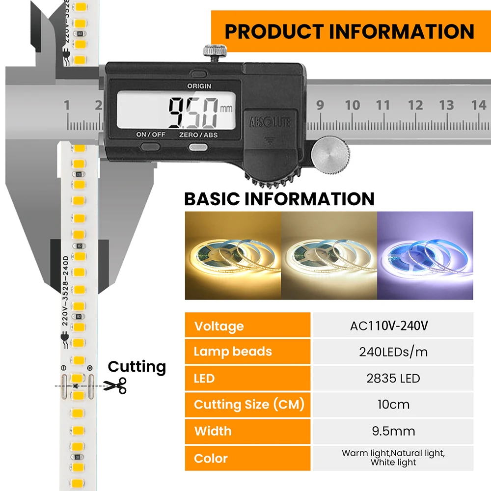 AC 220V 110V 5M 10M 15M 20M Led 2835 Strip Light IP44 240LEDs/m High Brightness Strips Tape Direct Plug-in Design Sign Lighting