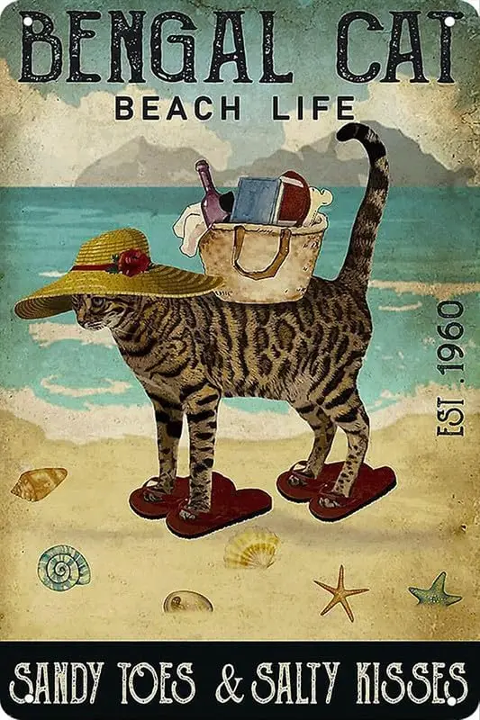 Estiyond Vintage Tin Sign Bengal Cat Beach Life Retro Wall Decor For Home Cafes Office Store Pubs Club Sign Gift