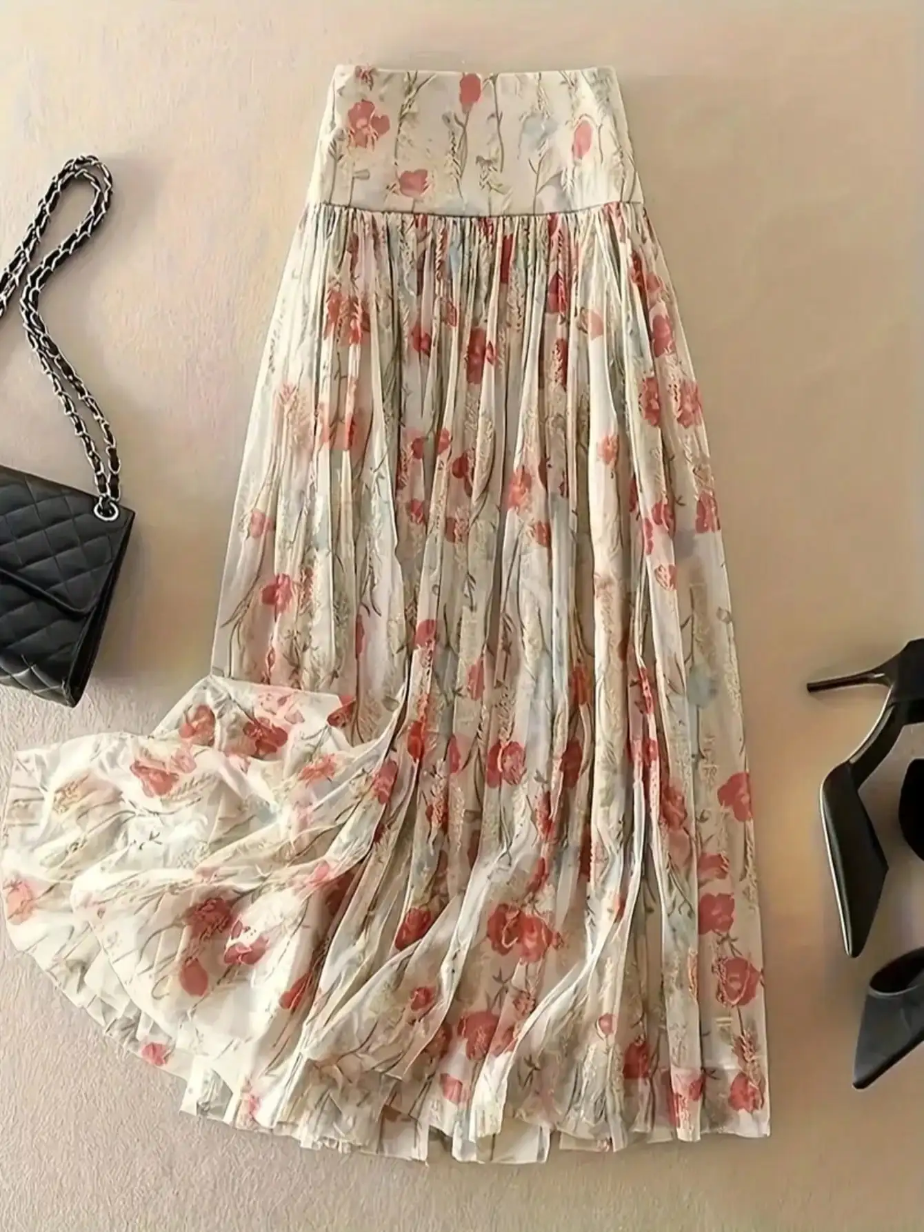 

Женская элегантная двухслойная плиссированная юбка из сетки с цветочным принтом и золотой фольгой в богемном стиле, подходит для пляжа, отпуска, на все сезоны.