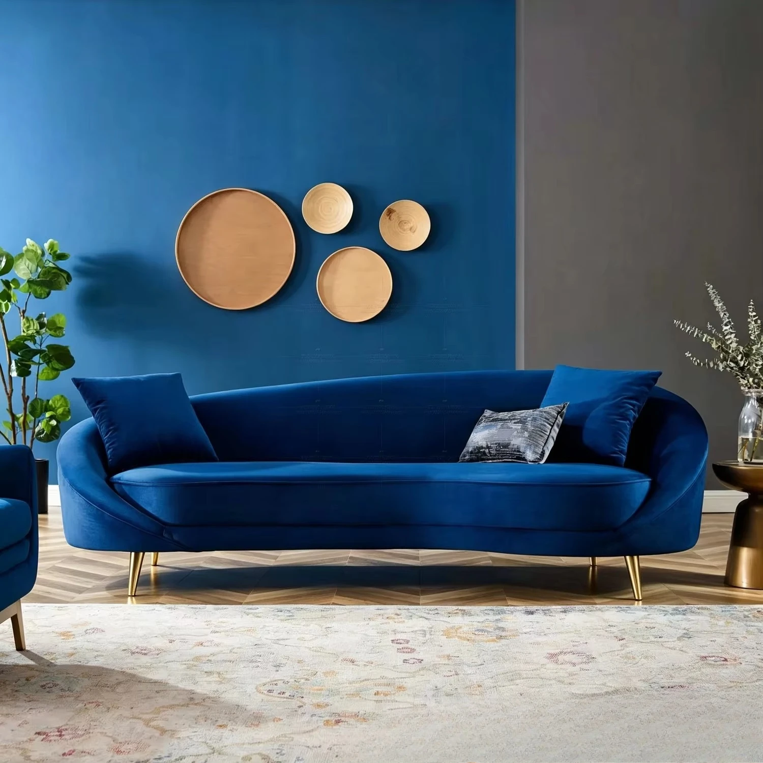 & Nordic Light Luxury Klein Blue Velvet Fabric Three Seat Curved Sofa Sponge Movable Living Room Minimalist Small Apartment