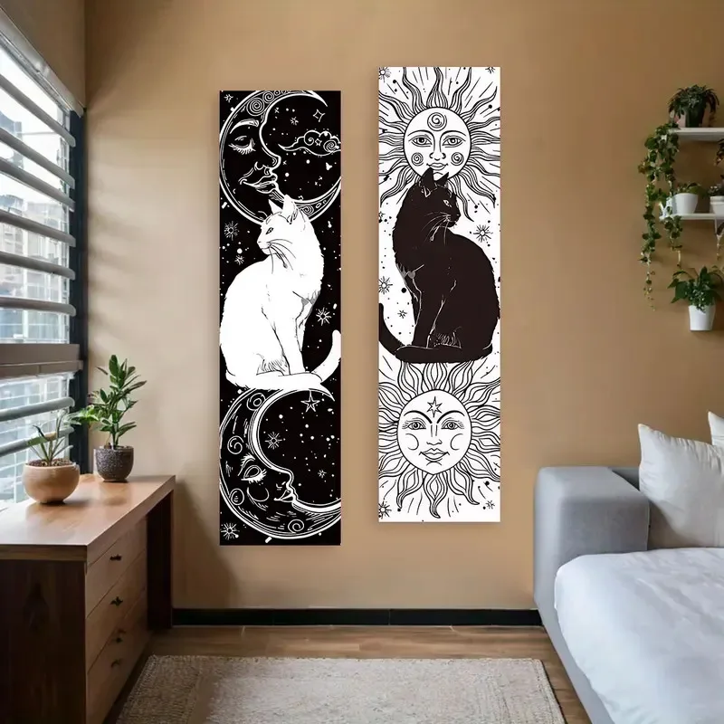 VIKAMA Brand Black And White Art Tapestry Featuring Cats And Celestial Motifs Retro Bohemian Decorative Wall Hanging