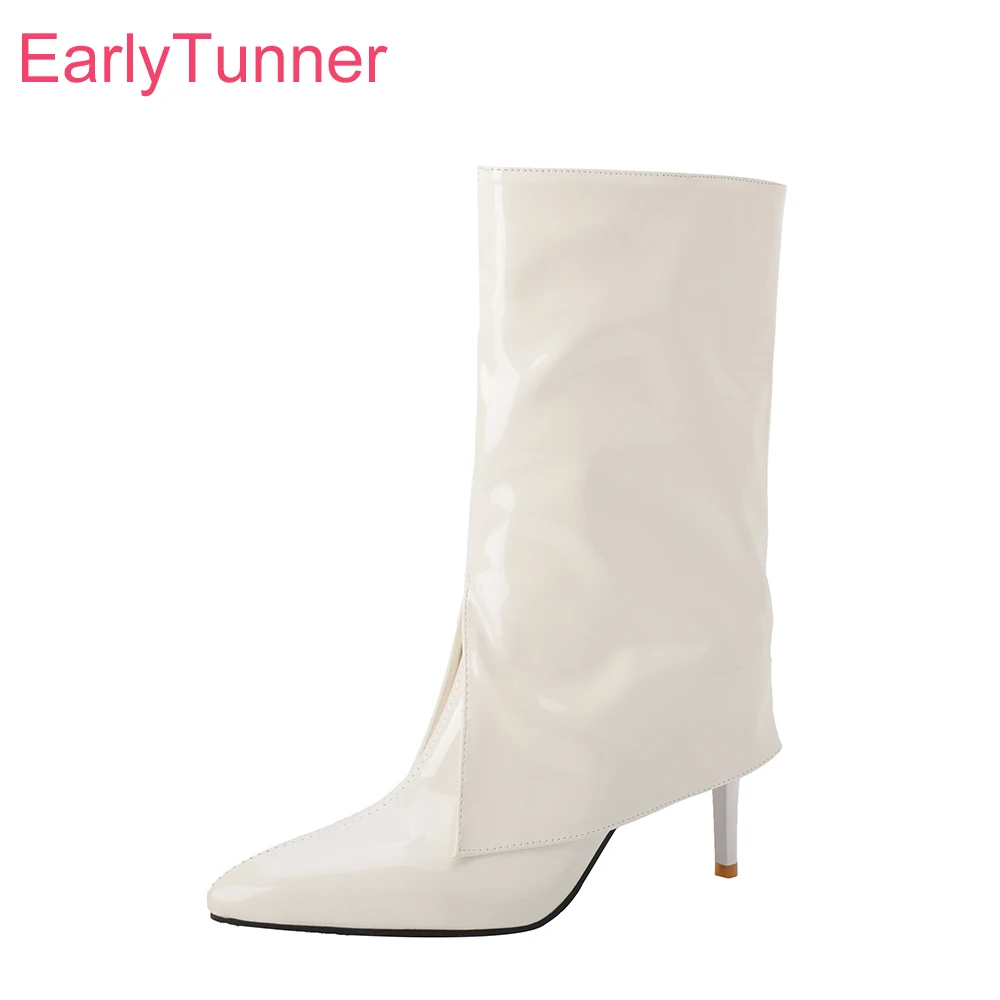 

Winter Soft White Black Women Mid Calf Boots Sexy Pointed Toe 3 Inch High Heel Lady Formal Shoes Plus Big Size 10 43 45 48
