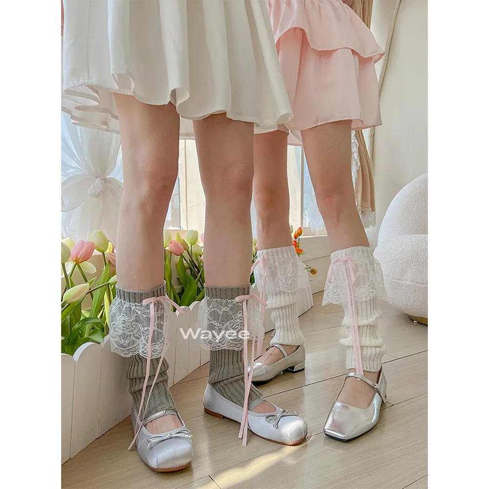 Korean Kawaii Vertical Knitted Lace Leg Warmers Women Sweet White Knee Socks Hot Lolita Girls Retro Ribbon Bowknot Calf Covers