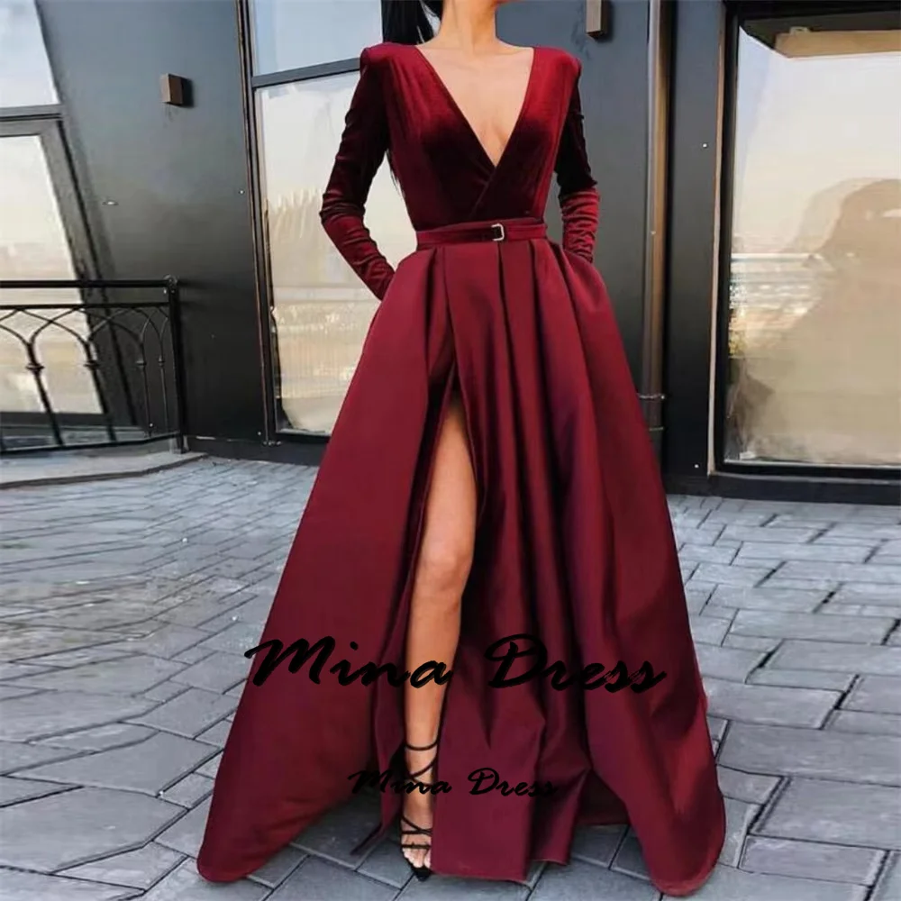 

Mina Customized V-neck Evening Gown Evening Dresses 2024 Luxury Dress for Weddings With Belt Elegant and Chic Side Slits Prom