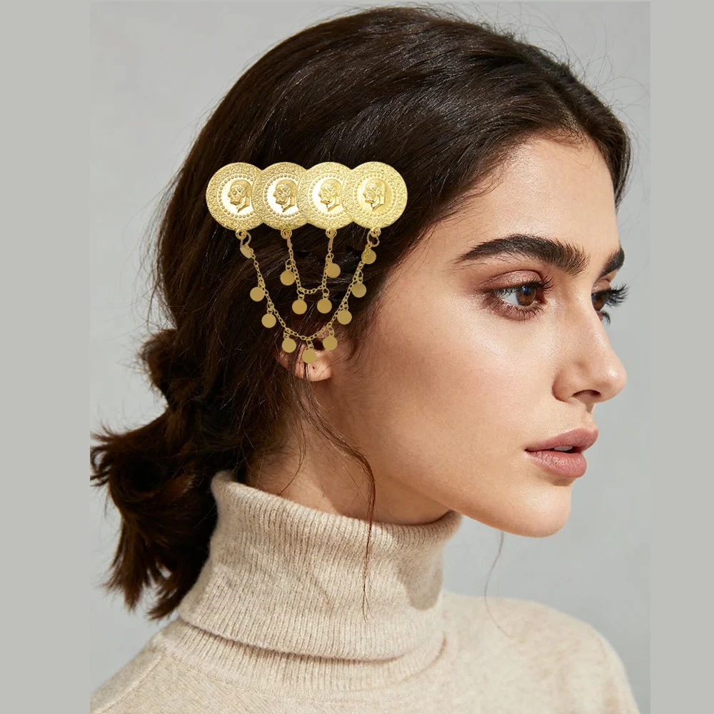 

Ethnic Style Gold Plated Women's Hairpin Exquisite Tassel Design Coins Jewelry Turkey India Kurdish Accessory Hair Clip Gift