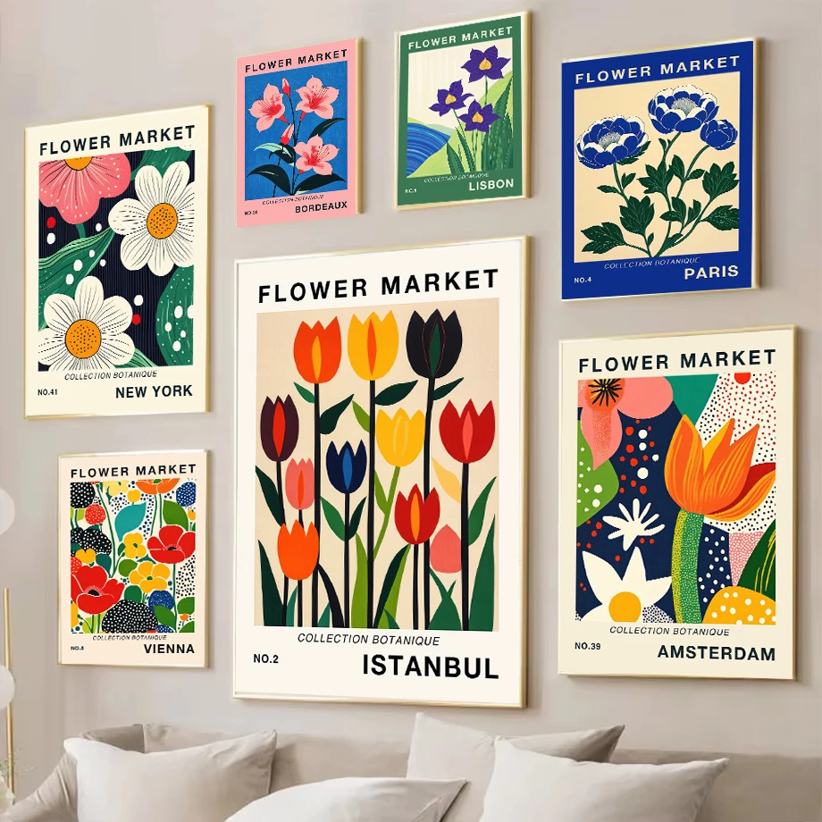 Pósteres de tulipanes coloridos del mercado de flores, pintura en lienzo para decoración del hogar, Cuadros para sala de estar, París, Londres, Barcelona