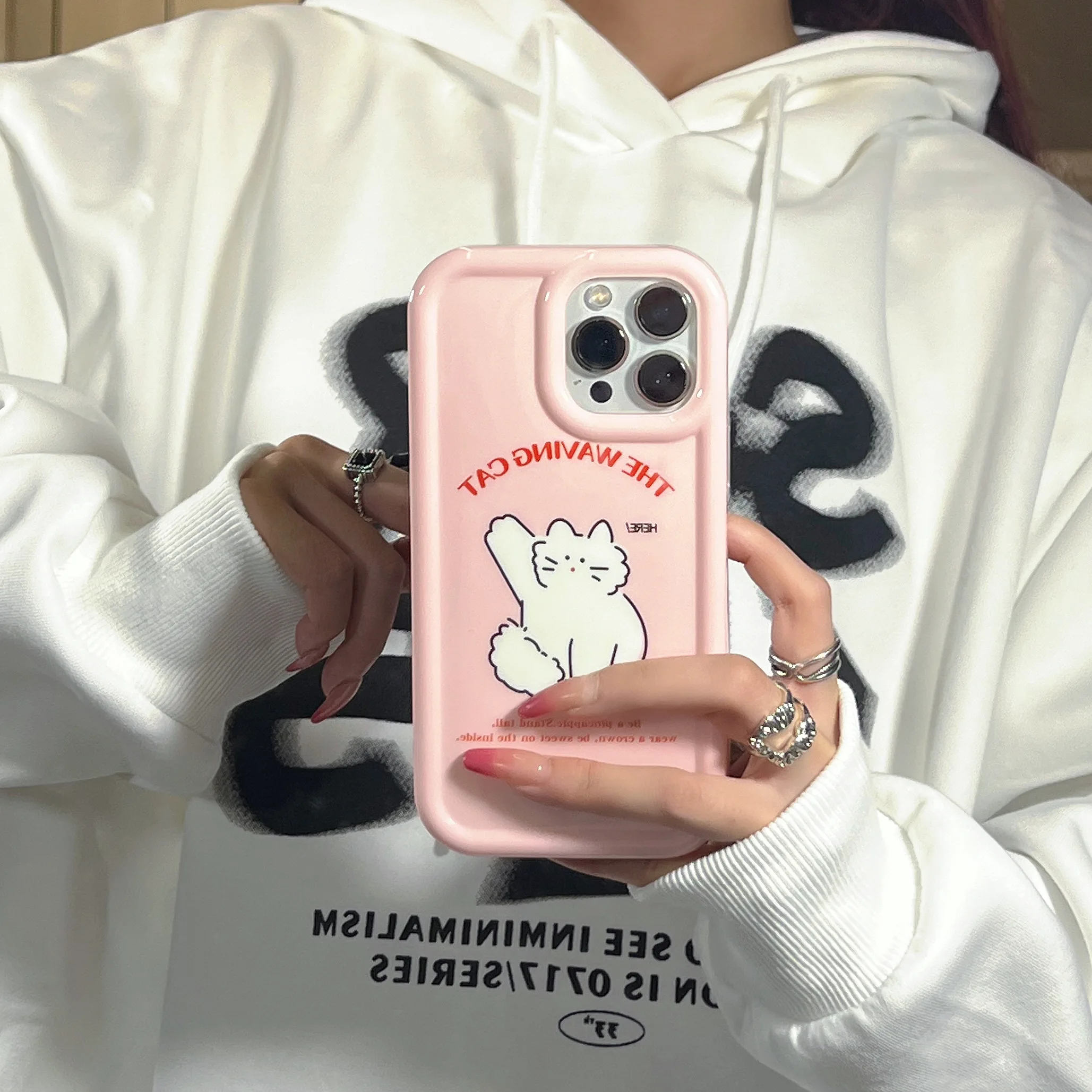Lovely Little Cat Pink IMD Anti-scratch Case for iPhone 14 Plus 13 Pro Max Back Phone Cover for 12 11 Pro Max X XS Max Capa