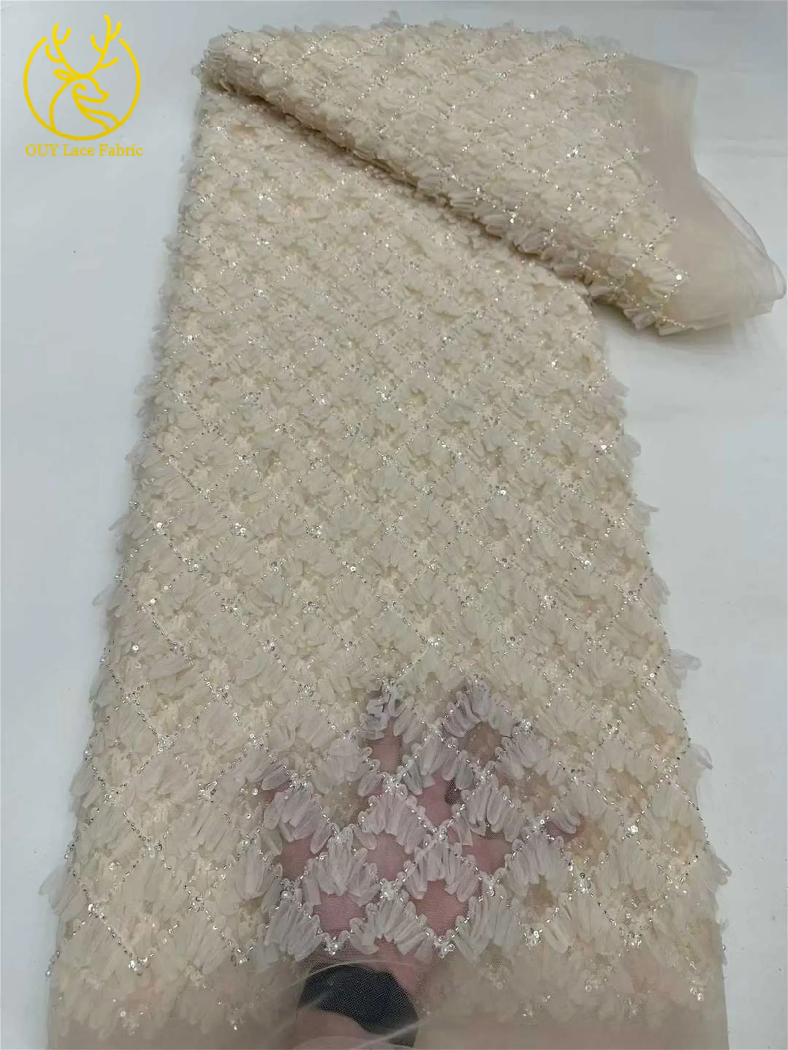 Lila Flieder 3D-Spitzenstoff 2026 Hochwertiger Afrikanischer Pailletten-Perlen-Spitzenstoff für Damen-Abendkleider Nähen 5 Yards – Detail 12
