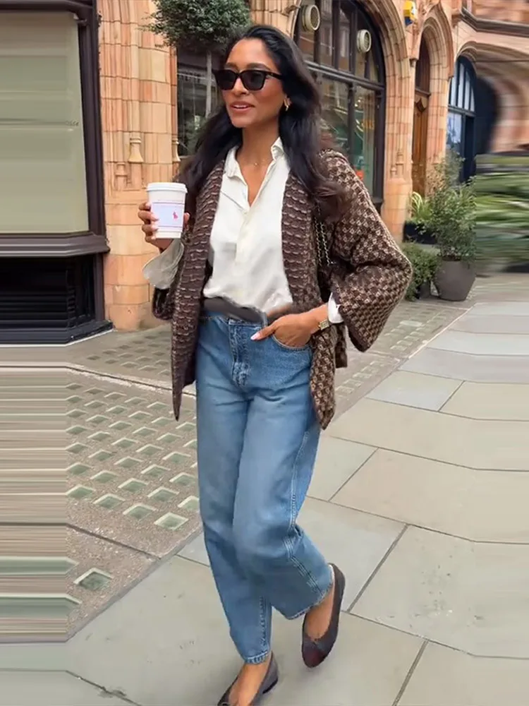 

Модный карамельный клетчатый вязаный кардиган, женский свободный карман с лацканами, однобортное теплое пальто, осень 2021, новый повседневный трикотаж для женщин