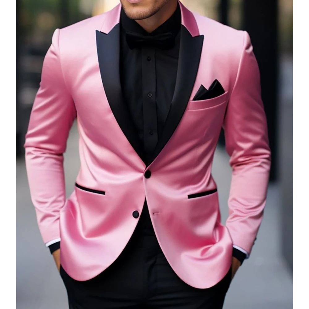 Pink Blazer 2 Piece Jacket and Pants Luxury Outfits Single Breasted Peak Lapel Formal Party Tenro Full Set Men\'s Suits Clothing