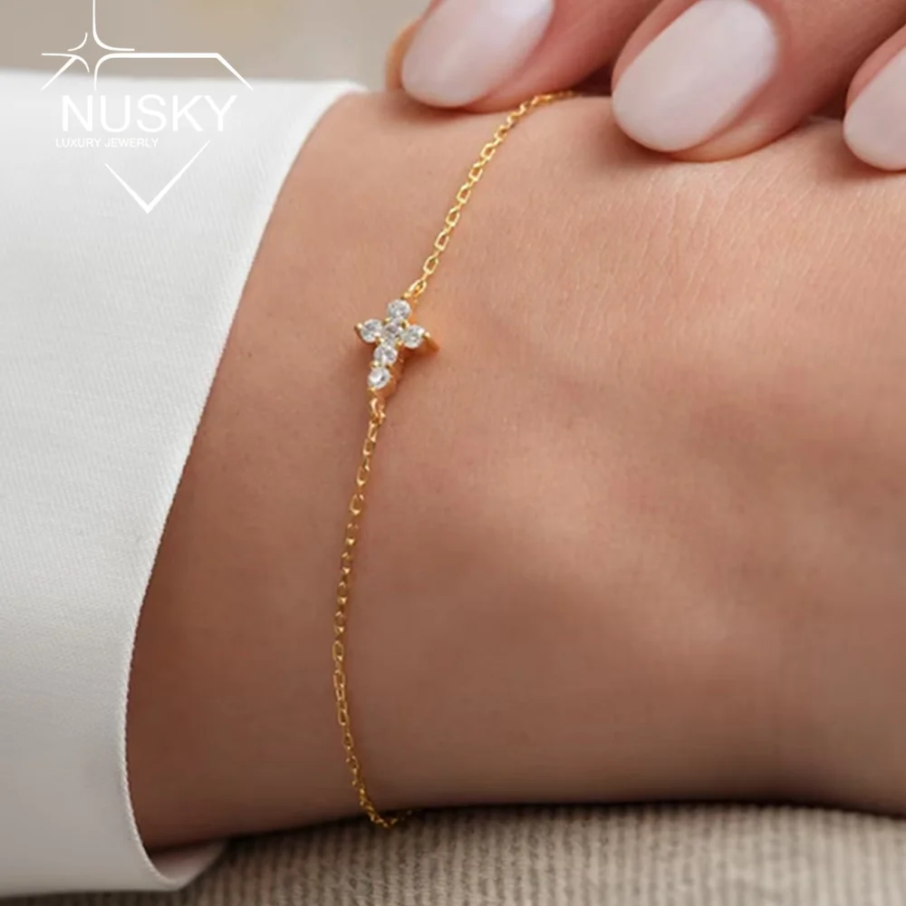 2mm Cross Full Moissanite Bracelet for Women Men Round Cut Lab Diamond 925 Sterling Silver 18K Gold Plated Hiphop Party Jewelry