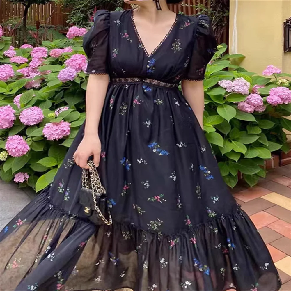 

retro black print flower v-collar ruffle elegant waist slim long dress vestidos elegantes para mujer fiesta largos