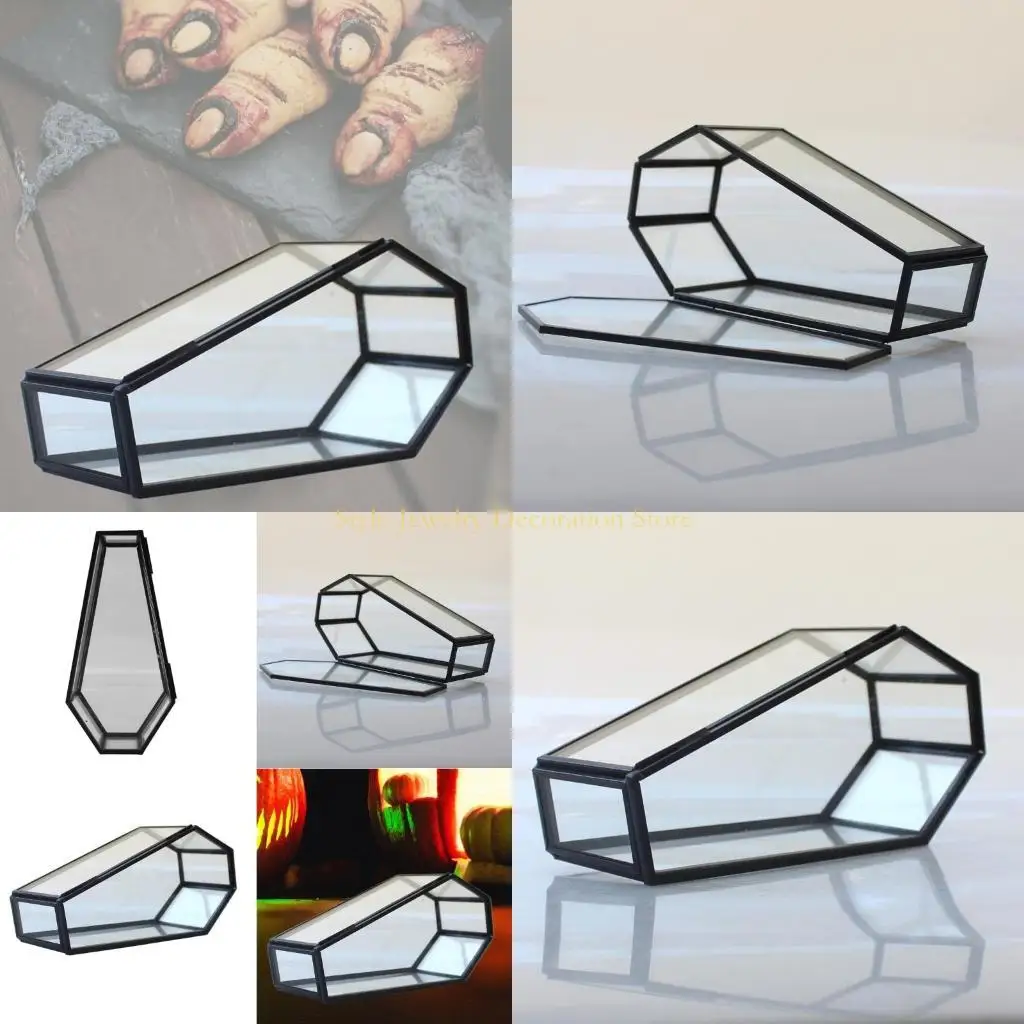 

D46E Vintage Black Coffin Display Case Glass Jewelry Box Halloween Decoration