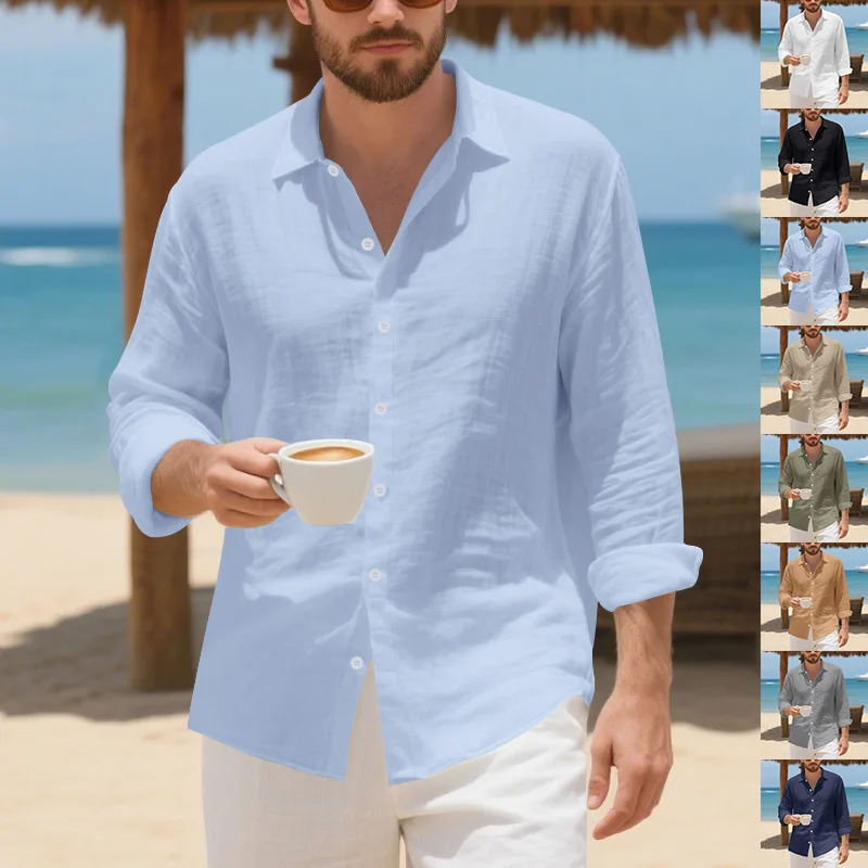 

Новая осенняя льняная мужская рубашка с длинным рукавом, американский свободный гавайский повседневный однобортный топ на пуговицах с отложным воротником